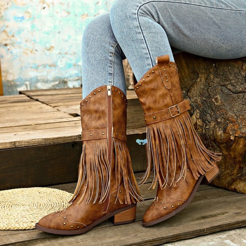 Women Tassel Boots, Knight Boots, Mid-Calf Boots, Large Women's 42