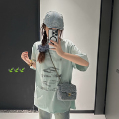 25春夏新作パリスタイルファジースローガンプリントダメージウォッシュメンズルーズコットン半袖Tシャツ