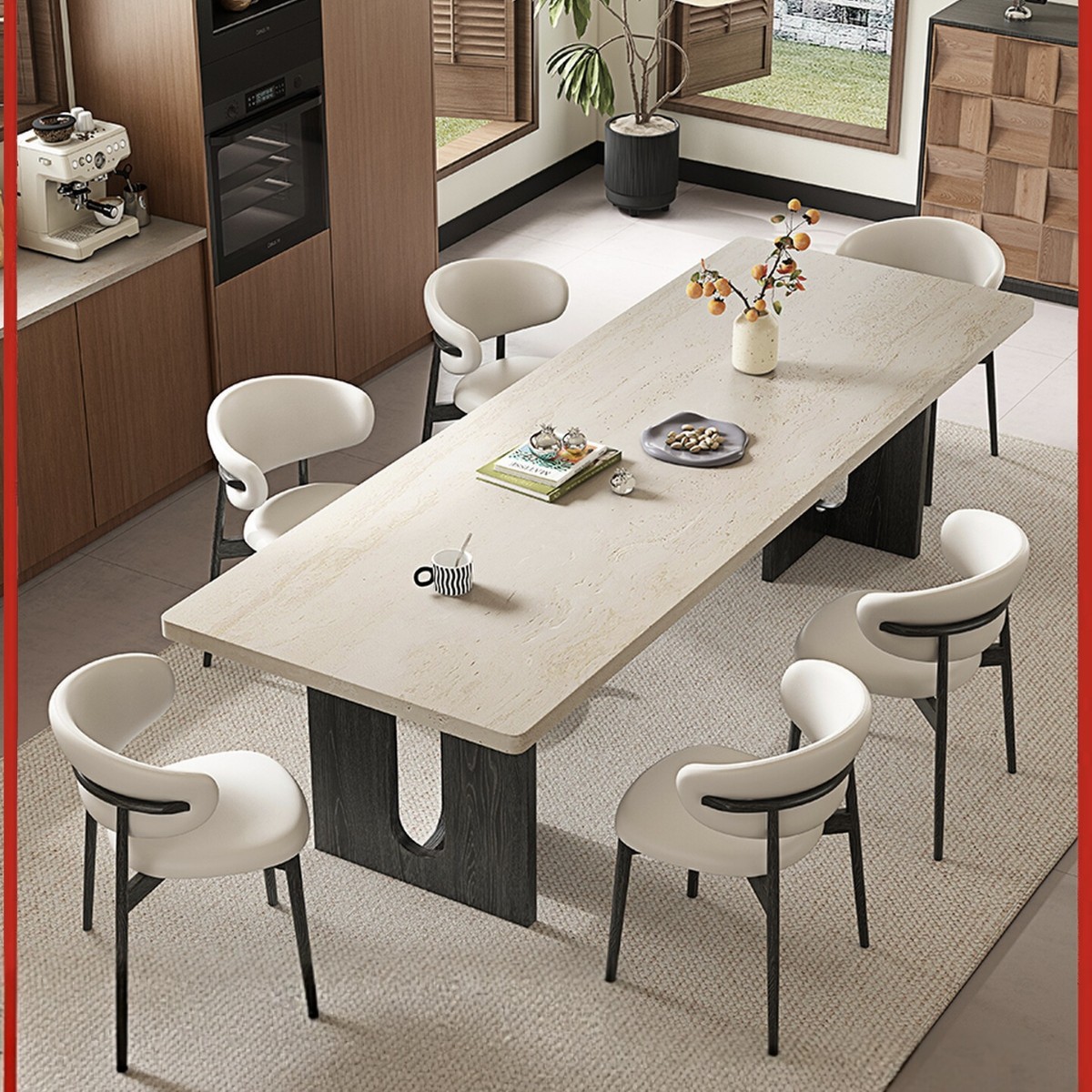 Travertine Slate Dining Table French Mid-Century Style Rectangular Home Dining Table Black Retro Style Hanging Dining Table and Chair Combination