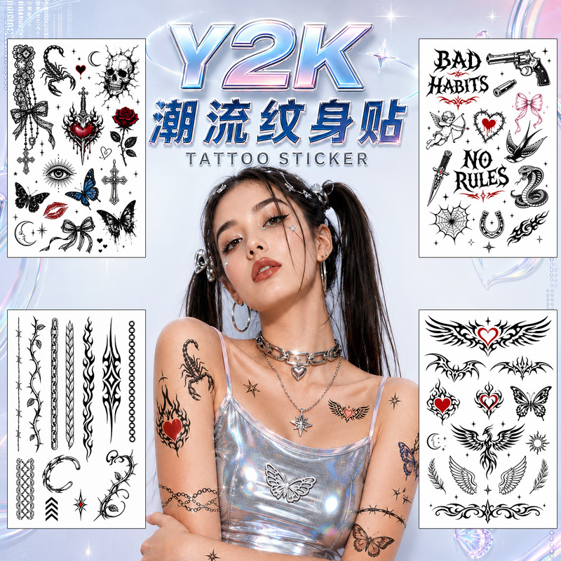 Cross-border Y2K Dark Style Tattoo Stickers Wholesale, Customizable Waterproof Temporary Tattoo Stickers for Arms and Collarbones