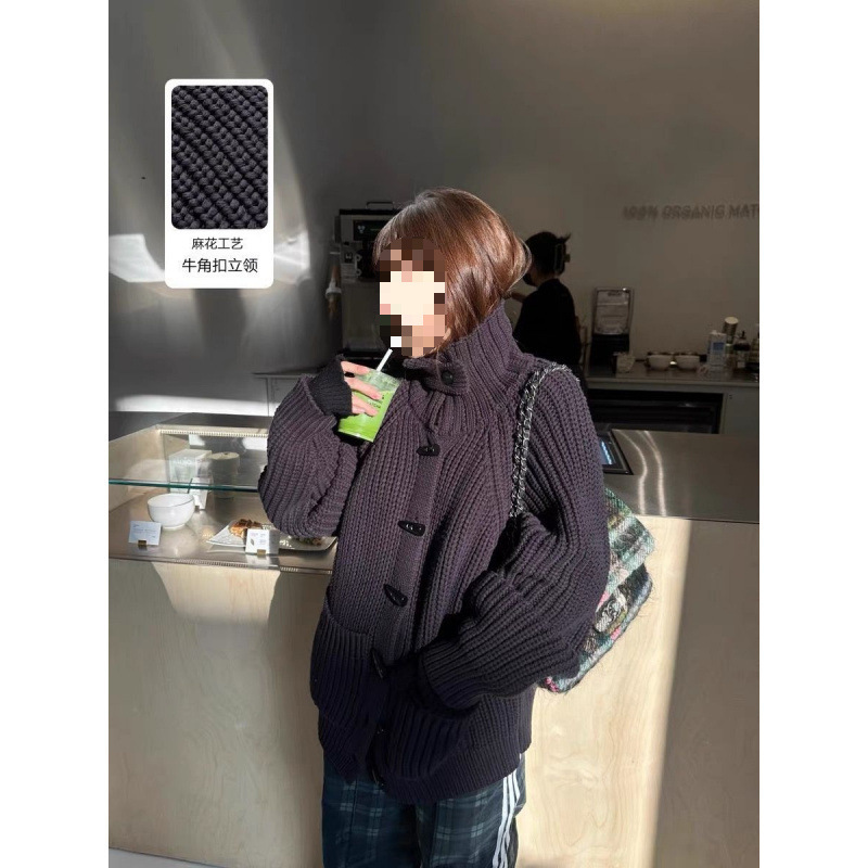 早秋濮院毛衫厂秋冬法式复古感慵懒风毛衣针织外套牛角扣新款