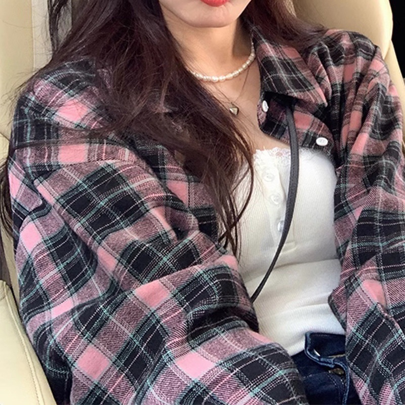 2025春秋长袖衬衫女早秋港风复古格子衬衫宽松百搭设计感长袖外套|undefined