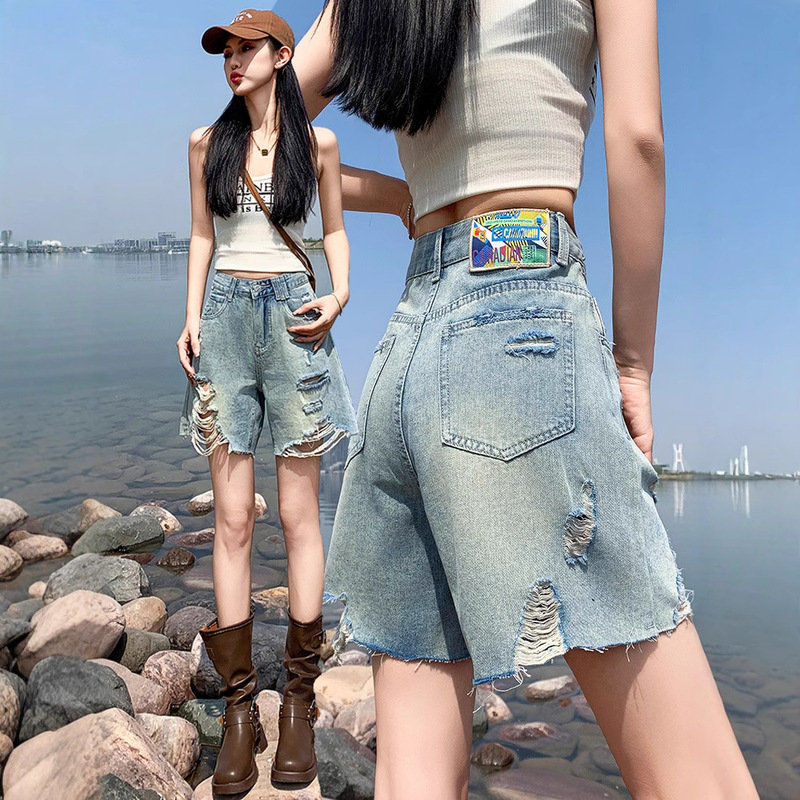 Ripped Five-Point Denim Shorts for Women, Summer Thin Loose American High Street Distressed Shorts, Five-Point Straight Casual Mid-Length Shorts