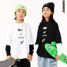 DK童装秋装新款男童假两件长袖T恤中大童儿童宽松洋气打底衫潮