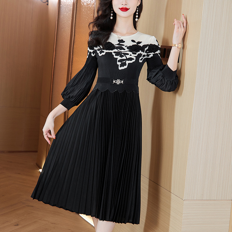 European Style Autumn Fashion Pleated Round-Neck Patchwork Slim-Fit Slimming Dress Mid-Length Pleated Skirt_ecoleips.com