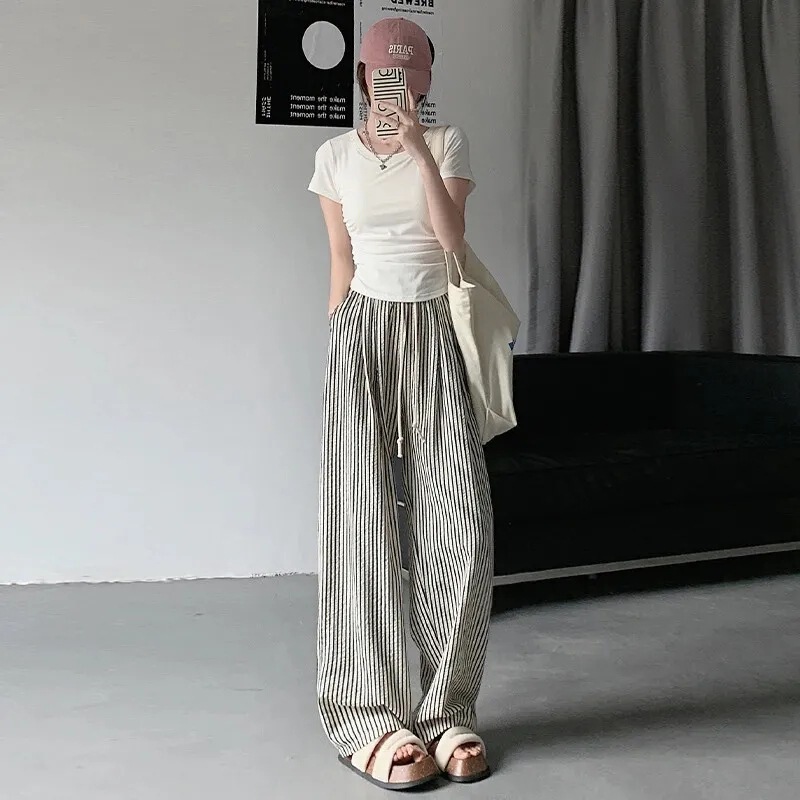 Customizable Embroidered and Printed Vertical Striped Wide-Leg Pants, Summer 2025, High-Waisted, Elastic, Relaxed Fit for Leisurely Walks Customizable Embroidered and Printed Vertical Striped Wide-Leg Pants, Summer 2025, High-Waisted, Elastic, Relaxed Fit for Leisurely Walks