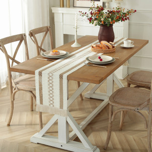 In stock Amazon cross-border tassel hollow table runner household farmhouse linen light luxury American holiday tassel table towel