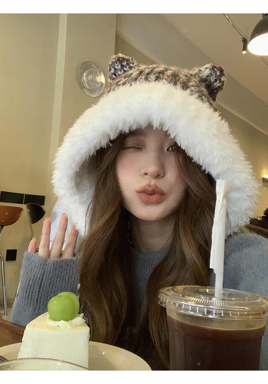 Cute Ears, Big Headband, Colorful Thick Wool Knitted Hat, Women's Autumn and Winter Warmth, Show Face, Small Plush_voghion.com