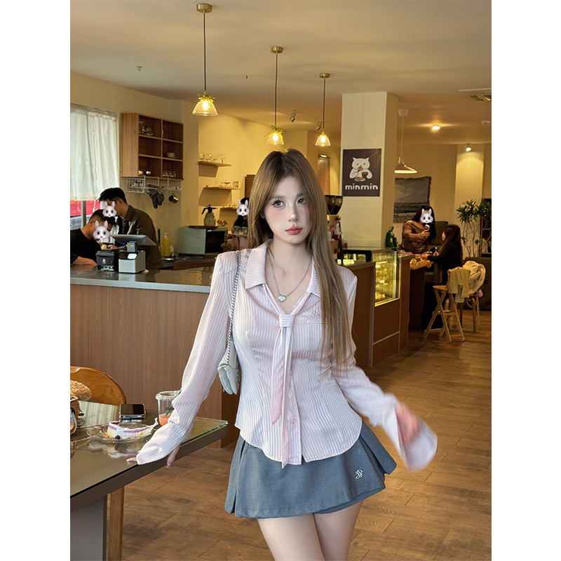 Satin Tie Striped Waist Slim Long-Sleeve Shirt Top for Women 2025 Autumn New Pure Desire Sweet Spicy Girl Pants Skirt