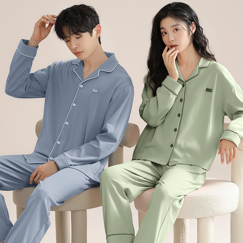 Algodón puro pareja pijamas de las mujeres del otoño nuevo simple chica lycra algodón manga larga vestir prendas exteriores desgaste los hombres traje