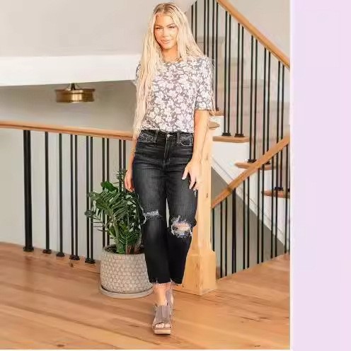 자른 와이드 레그 청바지 여자 리핑 워시 미드 웨이스트 캐주얼 올 매치 스트레이트 청바지 여자 유럽과 미국 아마존