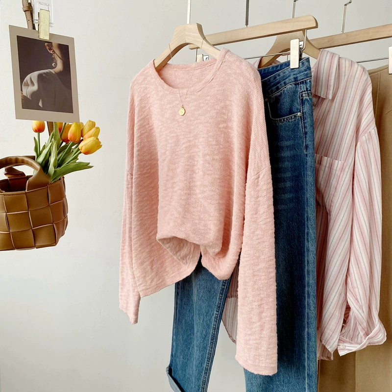 Сезонный, бесплатная доставка, неожиданный большой хлопковый корейский трикотаж с круглым вырезом, женский свободный топ в ленивом стиле 1811