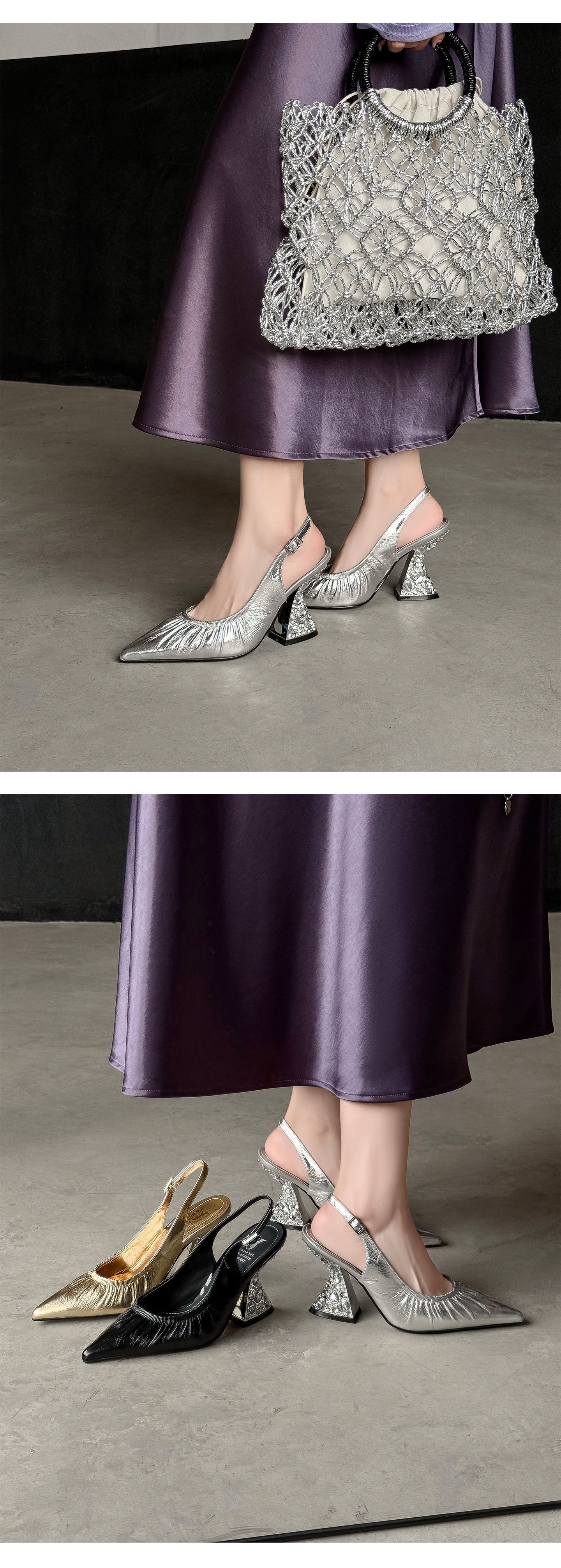 Sandal cao gót nữ mũi nhọn hở mũi quai sau xếp ly đính đá — màu đen, màu vàng, bạc chi tiết 12