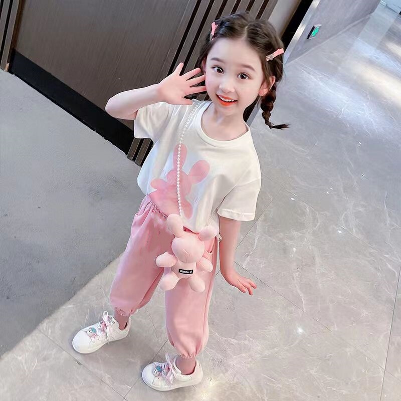 Girls Summer Clothes Set 2025 New Children's Casual Girls Sweet Short-Sleeved Babydoll Shirt Cute Children's Clothes Two-Piece Set