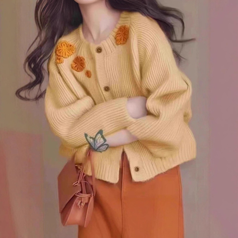 Simple Embroidered Flowers, Age-Reducing Small Fragrance Sweaters for Women, Autumn and Winter New Knitted Cardigans, and Foreign-Style Tops for Women
