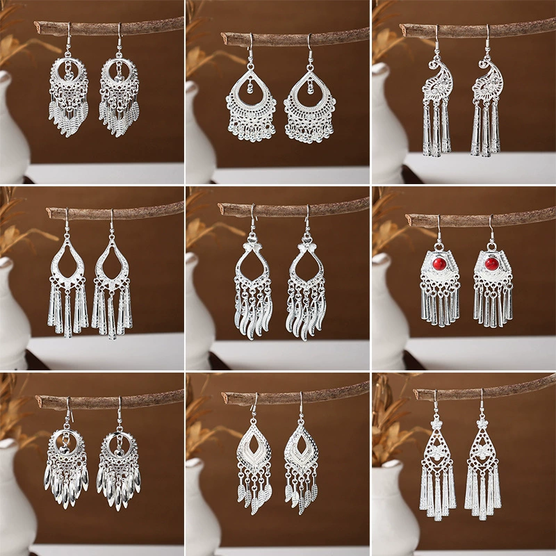 Long accessory, ethnic classic earrings with tassels, ethnic style