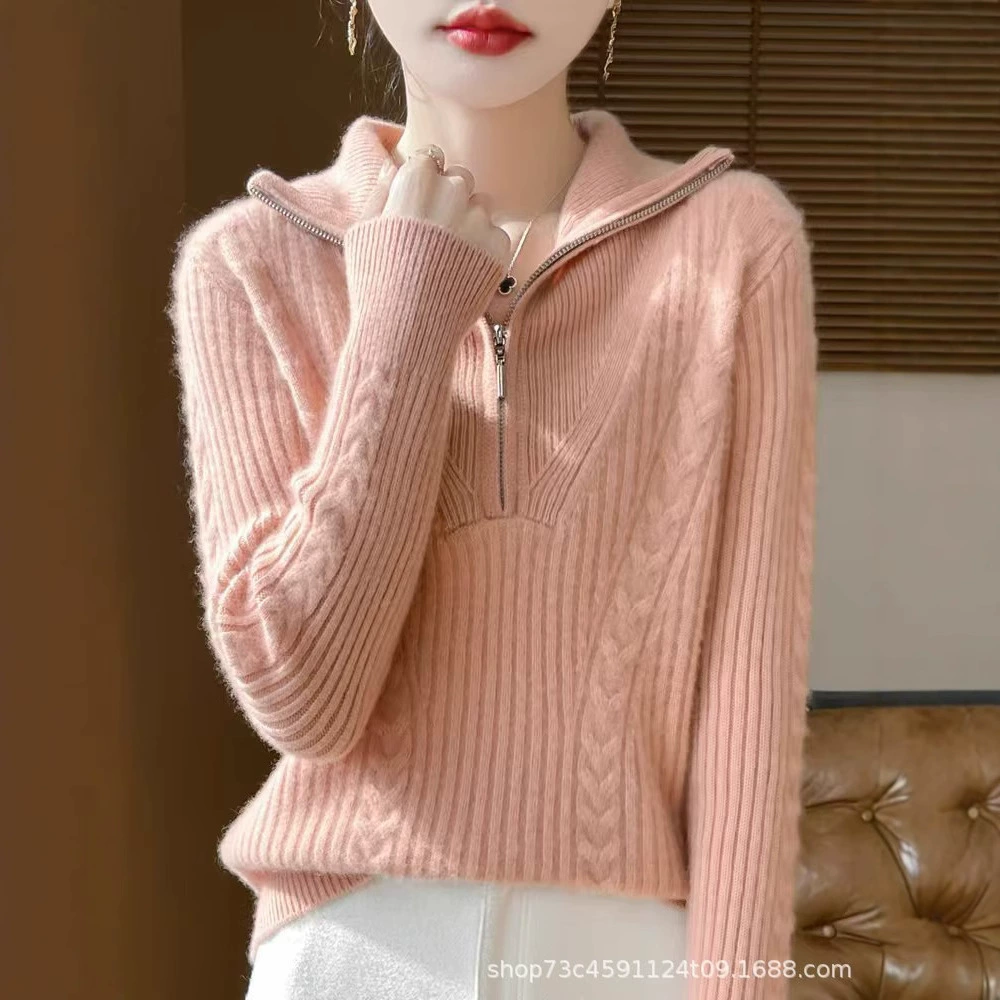 2024 осень и зима новый свитер женский шерстяной молнии с полувысоким воротником трикотаж тонкая внутренняя рубашка пуловер топ