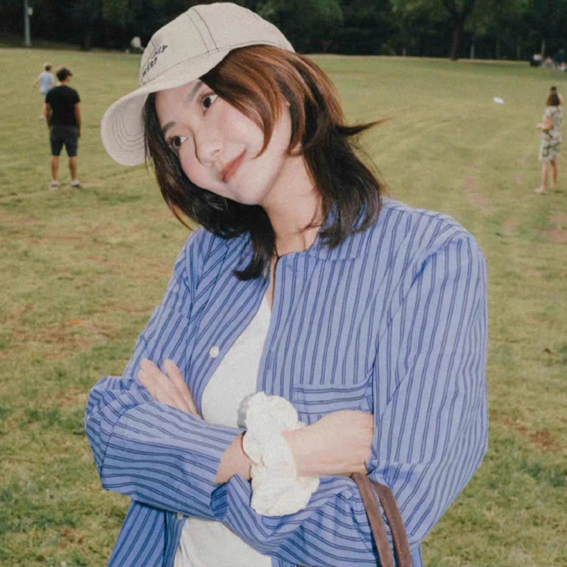 Salt-Style Girlfriend·Nordic Niche Retro Blue Striped Loose Casual Long-Sleeve Cotton Shirt