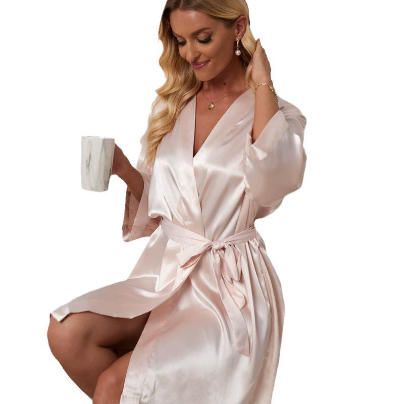 Женский длинный шелковый халат, летняя тонкая пижама-robe, европейский стиль, пояс на талии