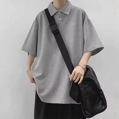 Men's Short Sleeve Summer Loose Casual Checkered Polo Shirt, Ins Hong Kong Style Trendy Versatile Collared Top