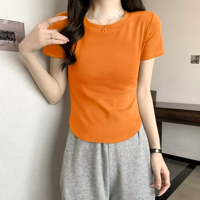 Threaded Cotton Short-sleeved Front Shoulder Crew Neck Solid Color T-shirt Women's Summer Hem Irregular Slim Versatile Top Basic_ecoleips.com