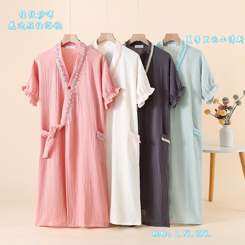 Summer New Crepe Gauze Short-sleeved Kimono Nightgown Lace Color-block Lace-up Bathrobe Home Gown Sweatshirt Couple