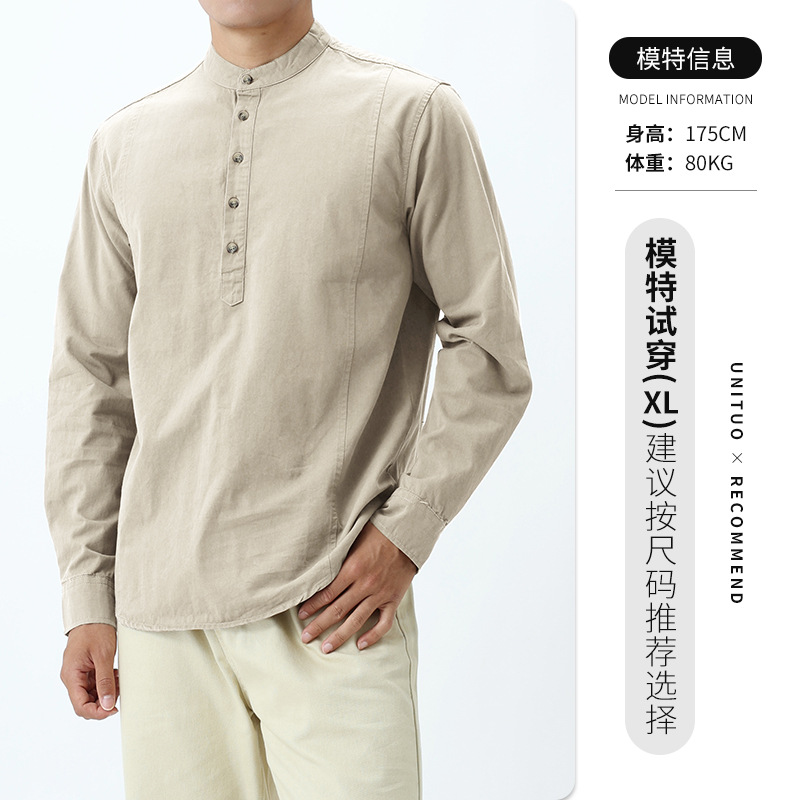 Nueva camisa de algodón chino de alta calidad Waffle Henry cuello camiseta de manga larga camiseta de hombre camiseta de base casual