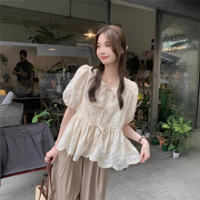 法式2025韩国chic圆领绑带蕾丝钩花泡泡袖衬衫+高腰显瘦阔腿裤女