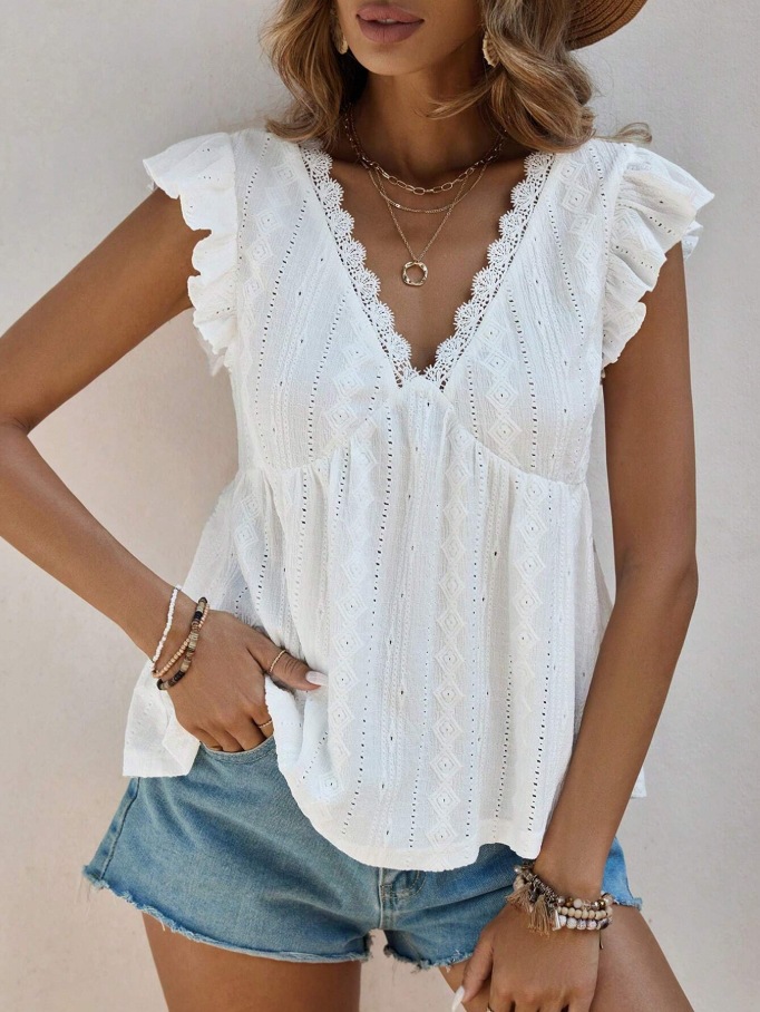 2026 European And American Cross Border Women's Spring And Summer New Fashionable Hollow V-neck Lotus Leaf Short Sleeved Lace T-shirt Top_ecoleips.com