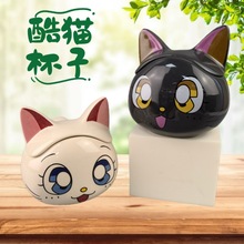 招财猫咪杯子女生可爱创意陶瓷杯马克杯带盖办公室水杯情侣杯白瓷
