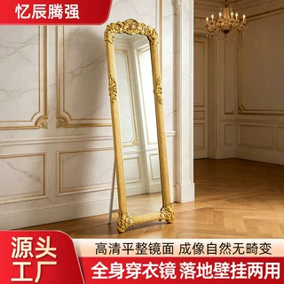 宫廷风金色浮雕边框落地镜子家用卧室立式支架全身试衣玄关装饰镜