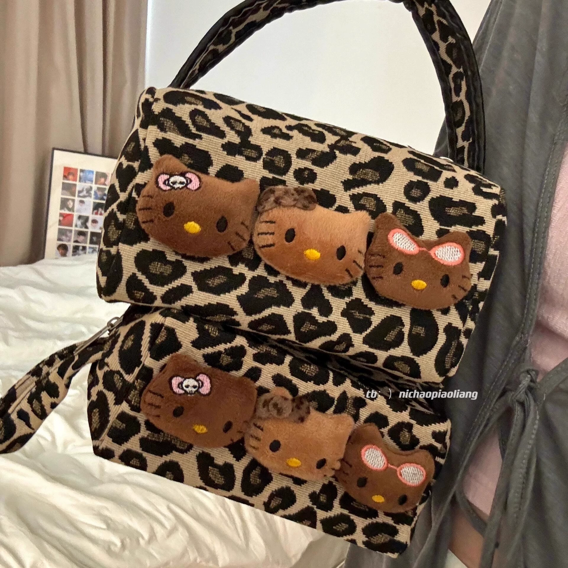 Handheld cosmetic bag, leopard print leather, capacious organizer (small & large cat-head options)