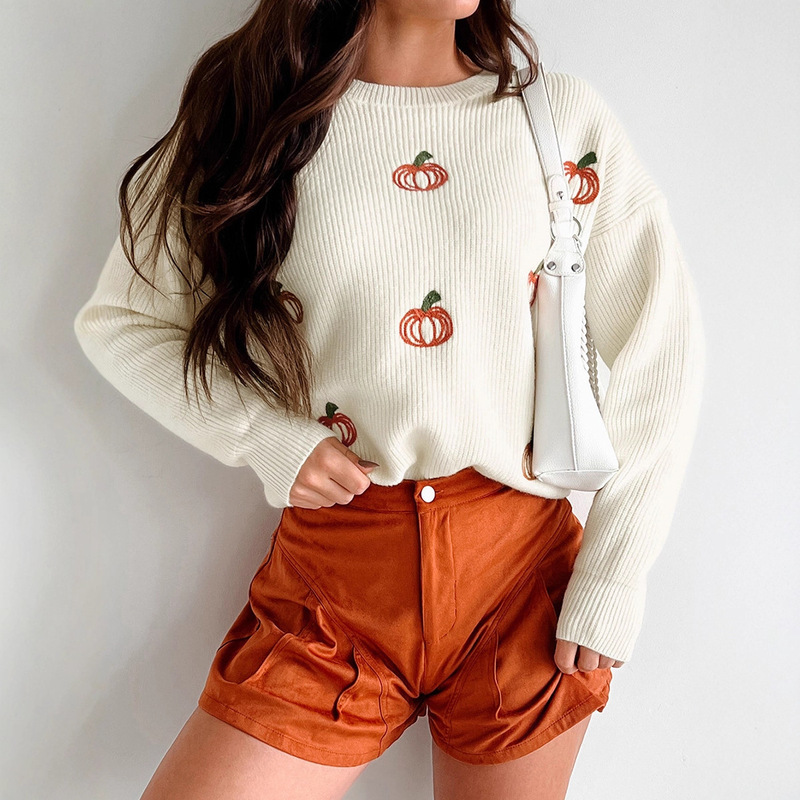 Autumn New Pullover Round Neck Knitted Top for Women European and American Fashion Versatile Thanksgiving Embroidered Sweater Cross-Border Women's Clothing