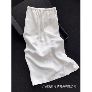 极简风白色亚麻半身裙女夏季新款舒适透气松紧腰抽绳开叉直筒半裙
