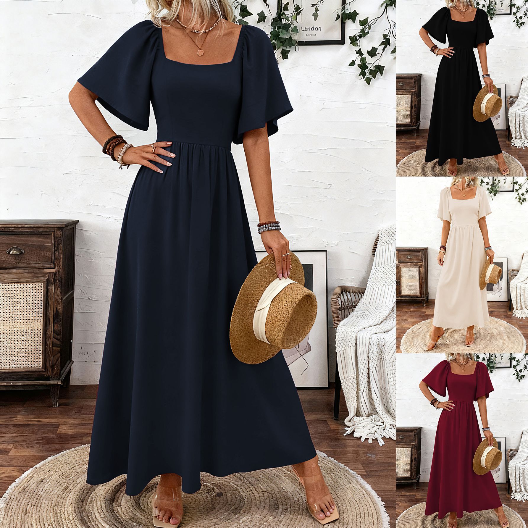 2025 New Pure Color Square Neck Dress, Waist Slimming Look, Small Flying Sleeves, Elegant Over-The-Knee Long Skirt