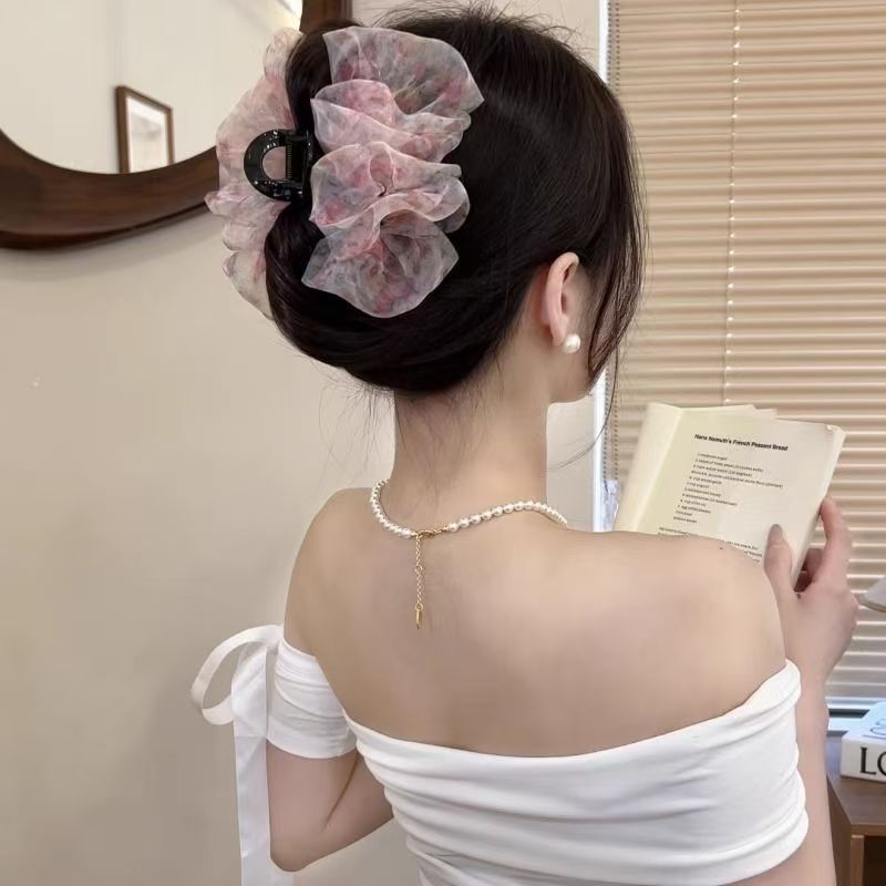 雰囲気のある花柄のヘアクリップ、新しいオーガンジーの特別な色、優しいレトロな後頭部の気質のヘアクリップ|undefined