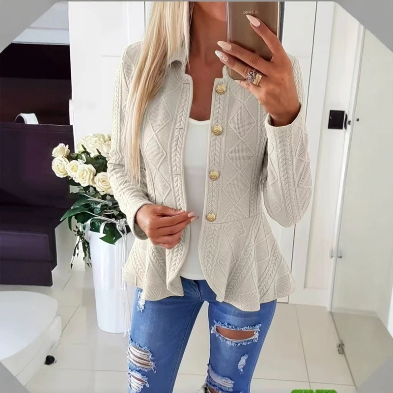 Cross-border women's knitted jacket with diamond pattern, twisted waist, ruffle hem design, stand-up collar, gold buttons, long sleeves, short cardigan Cross-border women's knitted jacket with diamond pattern, twisted waist, ruffle hem design, stand-up collar, gold buttons, long sleeves, short cardigan
