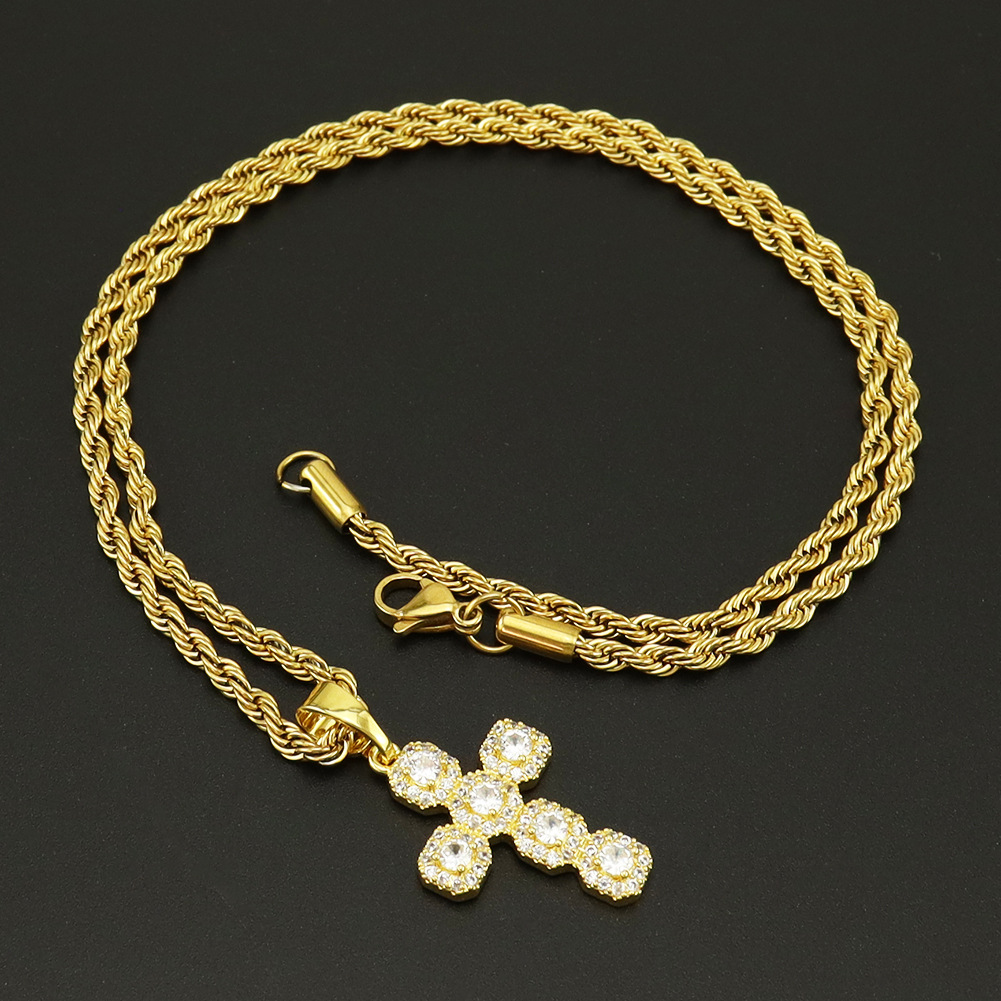 Street Occasion 667 Stainless Steel, Copper Material Copper Inlaid Zircon Cross Pendant Necklace Personalized Style Long Hemp Flowers Chain Sweater Chain Wear Accessory