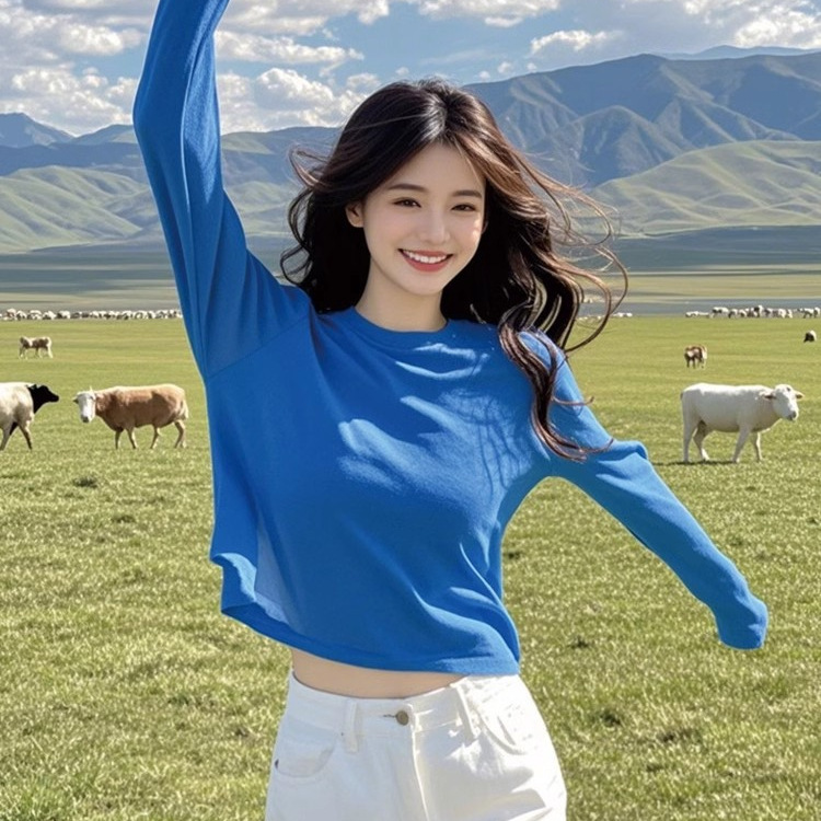 早春秋独特别致宽松长袖打底衫女设计感小众克莱因蓝绝美上衣|undefined