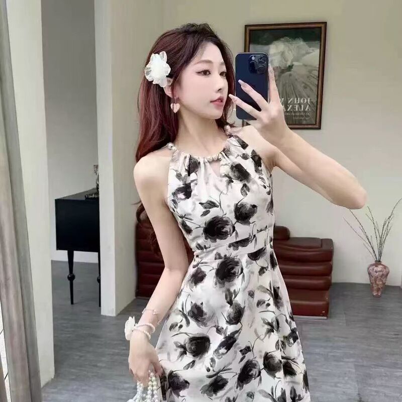2026 New Summer Women's Dress, Sleeveless Vest-Style Dress with Elegant Beaded Collar, Long Dress with a Cinched Waist