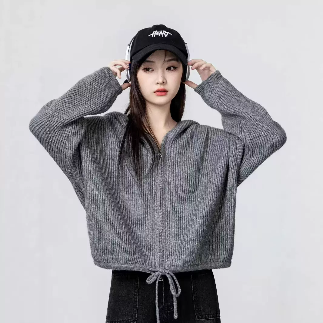 设计感抽绳拉链毛衣外套 女秋冬新款纯色连帽百搭 长袖针织开上衣