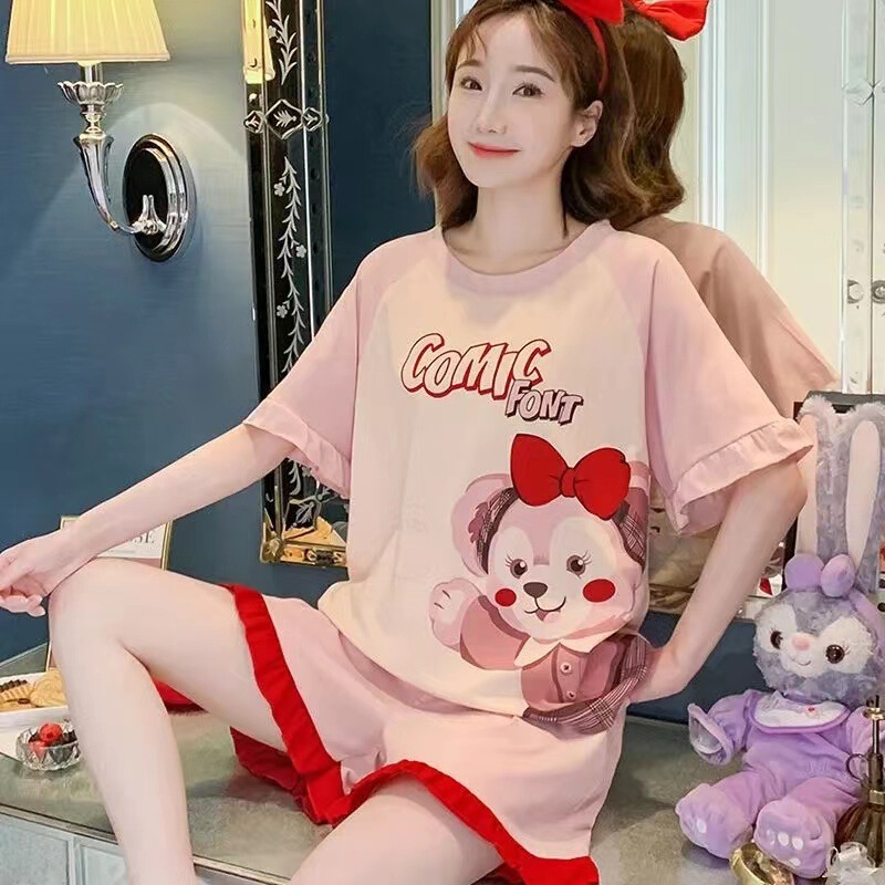 Pajamas women's summer short sleeve plus size Korean version of fat mm200 kg ins princess style can be worn outside two-piece home clothes
