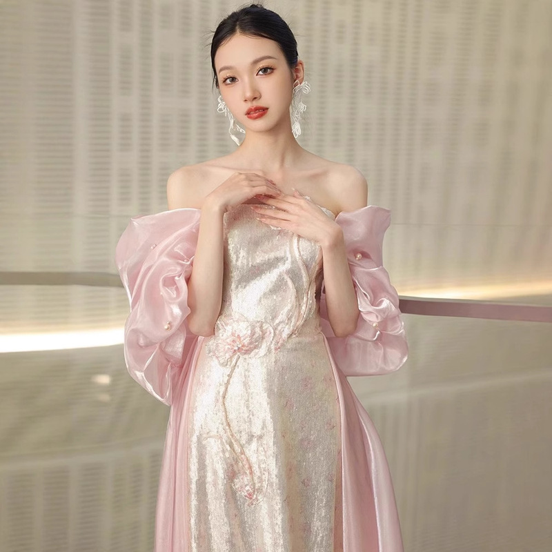 超仙抹胸タキシードピンク出閣宴婚約ドレススカート軽豪華高級声楽芸考演出ドレス女|undefined