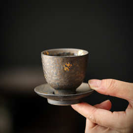 点金鎏金铁锈釉粗陶主人杯陶瓷喝茶杯杯垫复古品茗杯家用功夫茶具