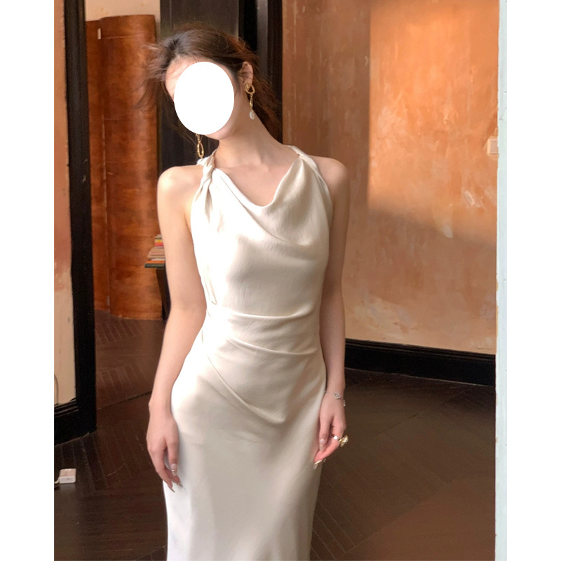 French-Style Satin Dress for Women with Twisted Straps, Waist-Cinching, Slimming Mermaid Dress, Pure Desire, Off-Shoulder Gown, Long Dress