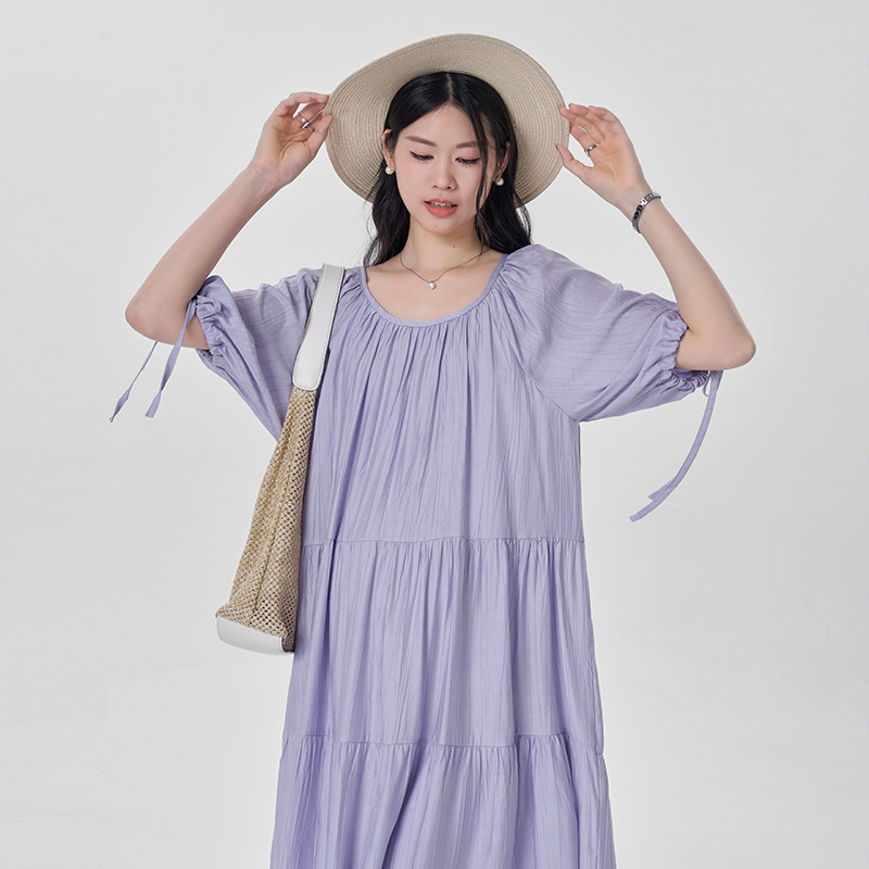 Maternity Dress 2026 New Style Women's Summer High-End Tencel Puff Sleeve Seaside Resort Style Mid-Length Dress