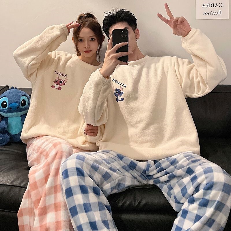 240g couple's pajamas, women's coral fleece, thickened for autumn and winter, round neck, cartoon design, men's loungewear set