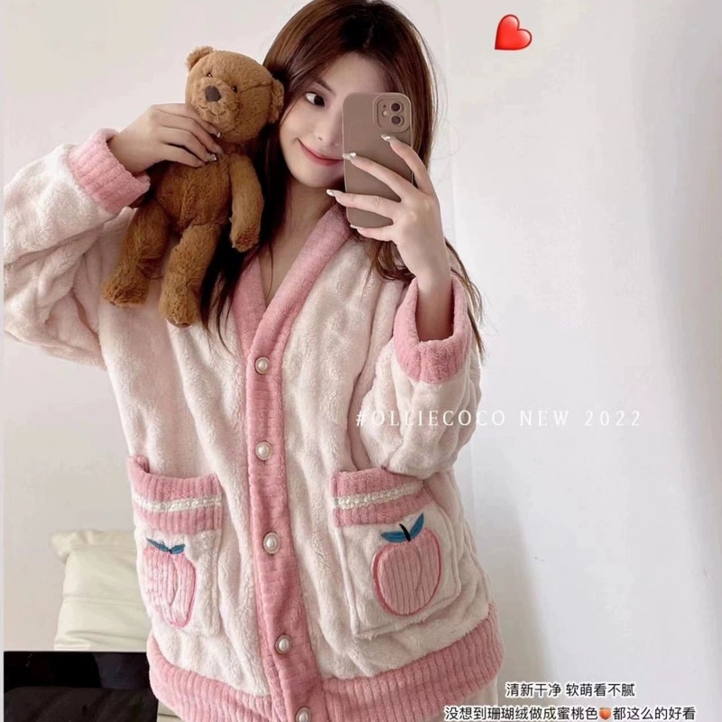 乌龙桃睡衣女可外穿珊瑚绒套装女士家居服保暖加绒家居睡衣女秋冬|undefined