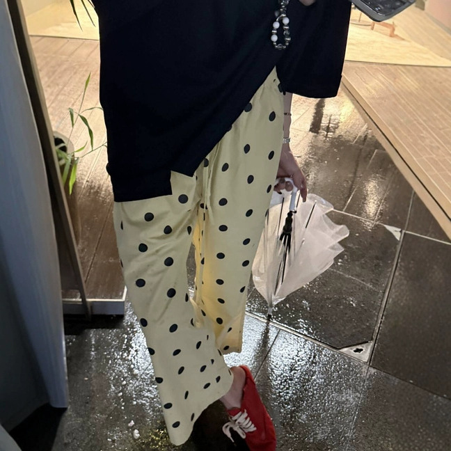 “100棉”波点印花直筒松紧抽绳中长裙波点半身裙/九分裤  女夏日