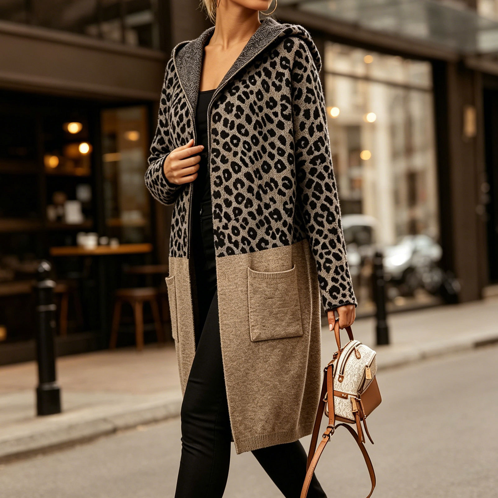Foreign trade women's sweater cardigan leopard print personalized mid-length top trendy loose letter splicing hooded knitted jacket